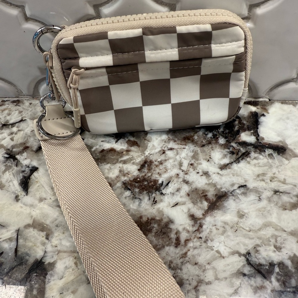 Beige and White Checkered Crossbody Wallet